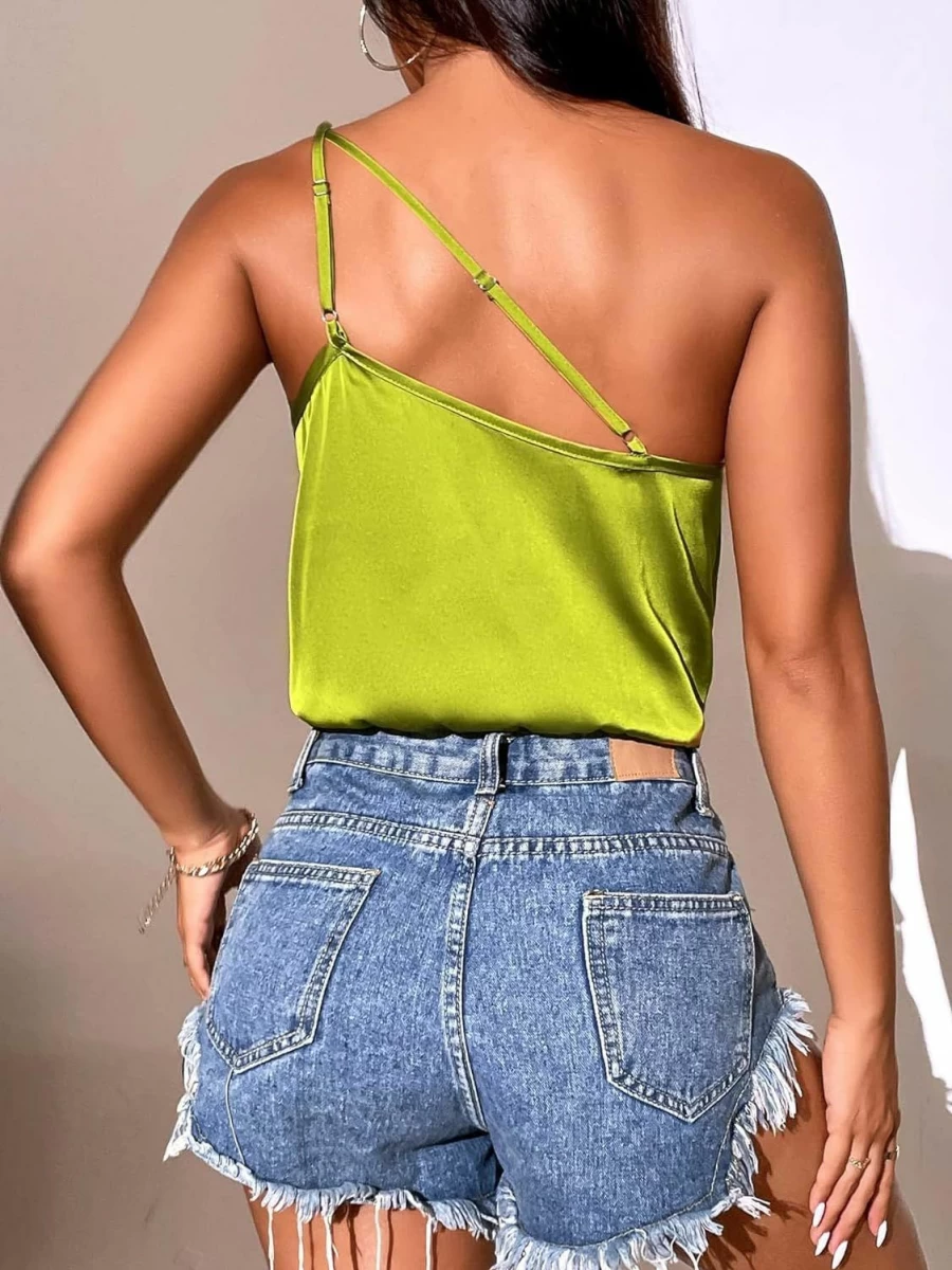 SOLY HUX Women's Silk Satin One Shoulder Draped Cami Bodysuit - Elegant Sleeveless Tops for Women