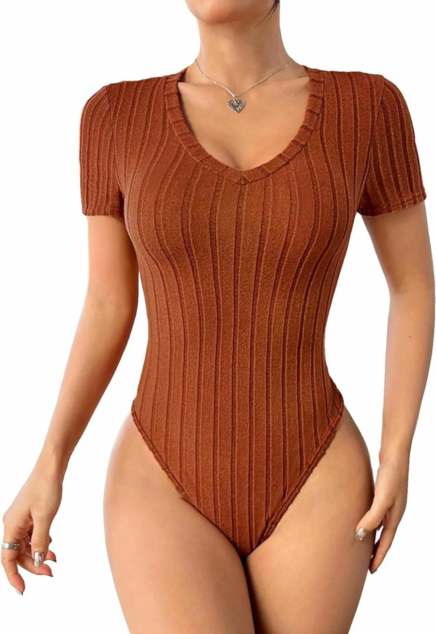 Floerns Women's Ribbed Knit V-Neck Bodysuit - Stretch Short Sleeve Tee Shirt for Women