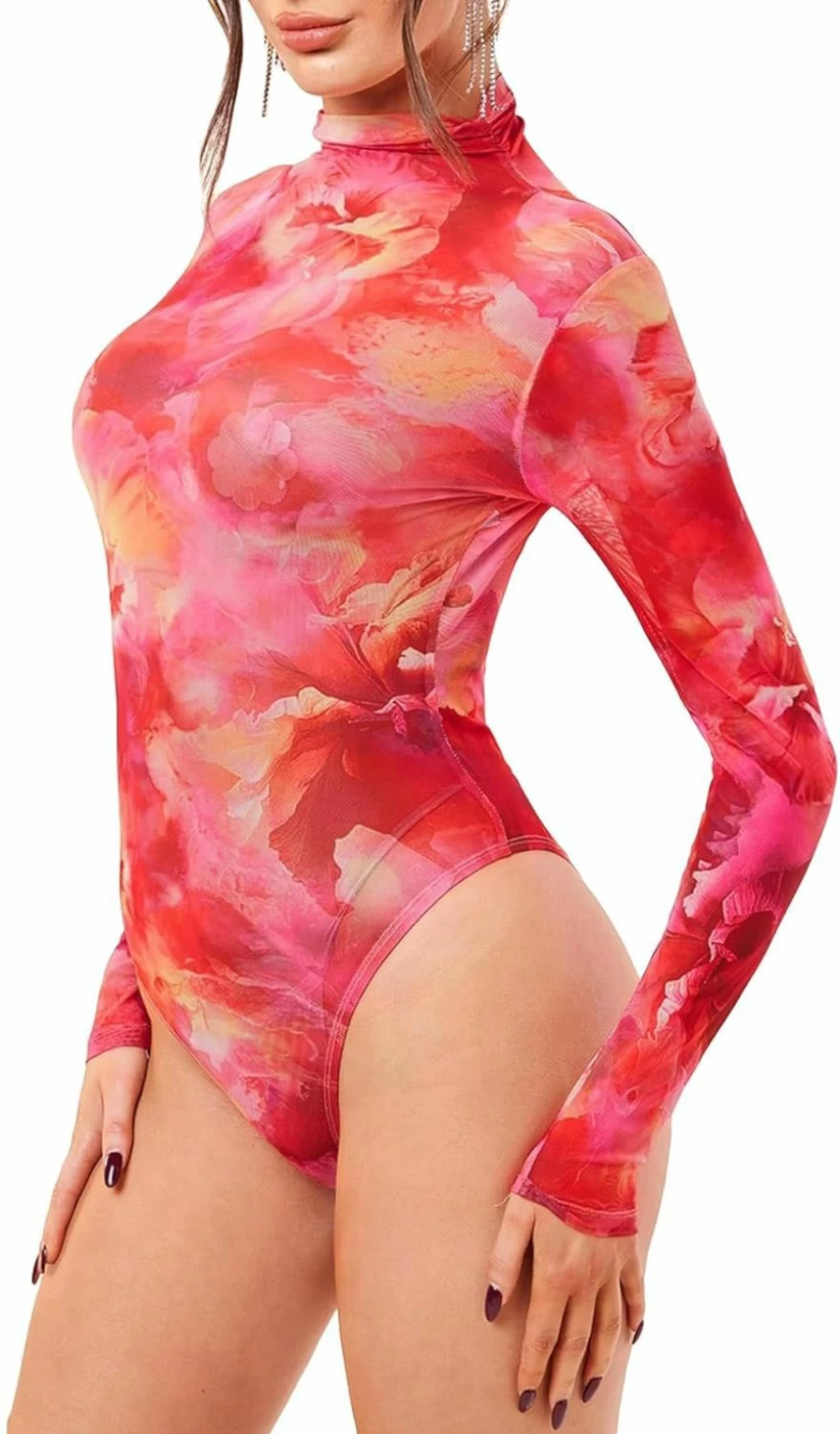 OYOANGLE Women's Floral Tie-Dye Long Sleeve Mesh Bodysuit - Sheer Mock Neck One Piece Jumpsuit for Casual Wear