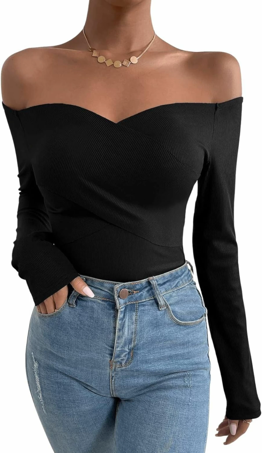 Verdusa Women's Off Shoulder Ribbed Bodysuit - Long Sleeve Slim Fit Stretch Top