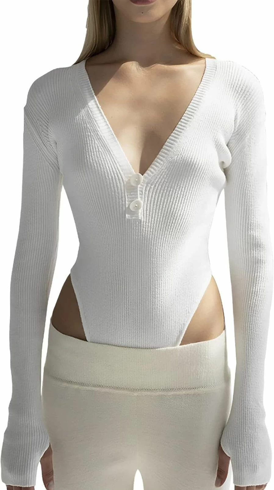 "CuteStreet Women's Slim Fit V-Neck Long Sleeve Bodysuit - Stretchy Solid Color T-Shirt Style"