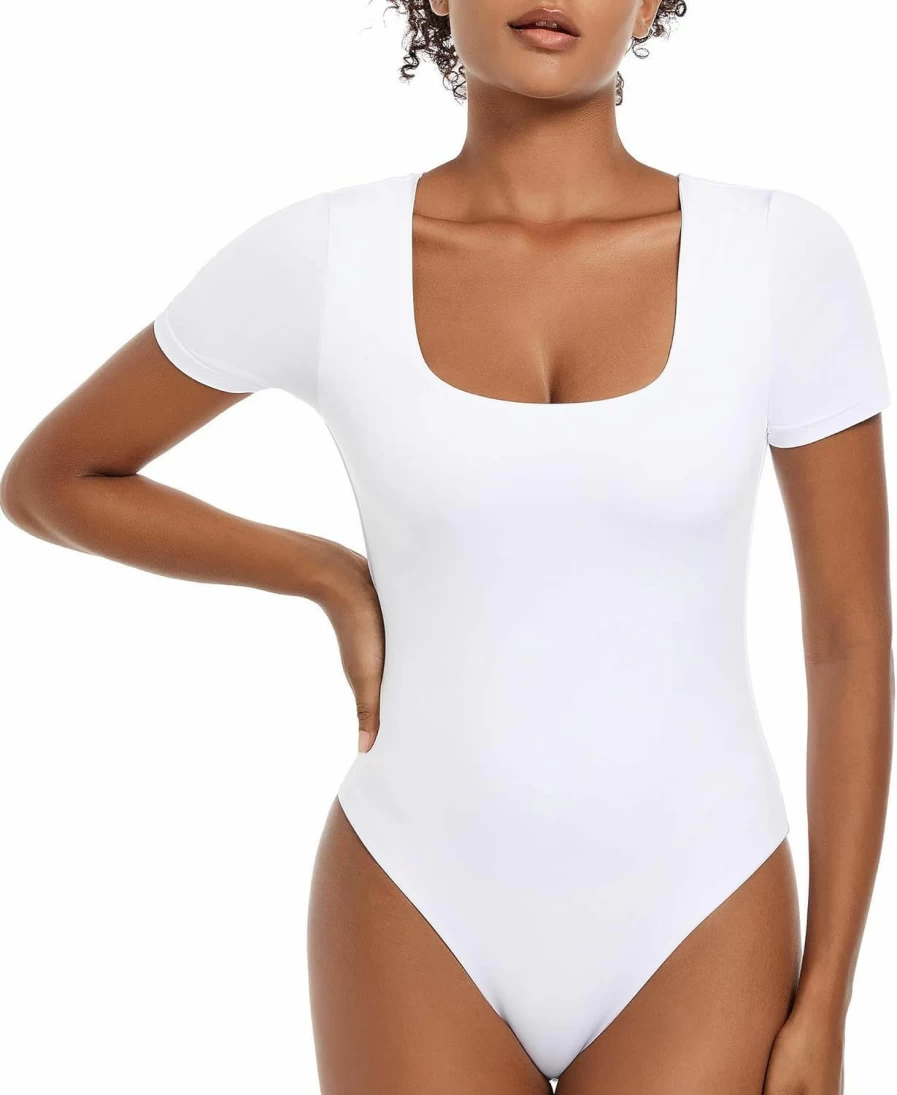 LUOAIYI Women's Square Neck Basic T-Shirt - Soft Double Lined Short Sleeve Bodysuit with Thong Bottom for Comfortable Fit