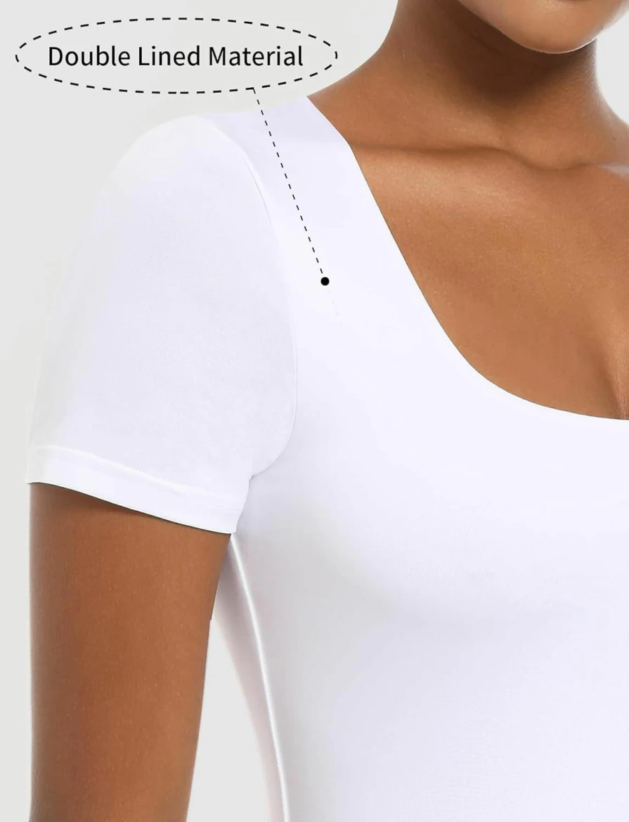 LUOAIYI Women's Square Neck Basic T-Shirt - Soft Double Lined Short Sleeve Bodysuit with Thong Bottom for Comfortable Fit