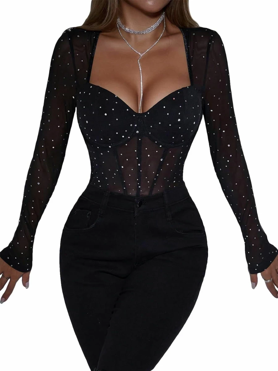 WDIRARA Women's Rhinestone Sweetheart Neck Long Sleeve Mesh Party Top Elegant Blouse Glamorous Bodysuit