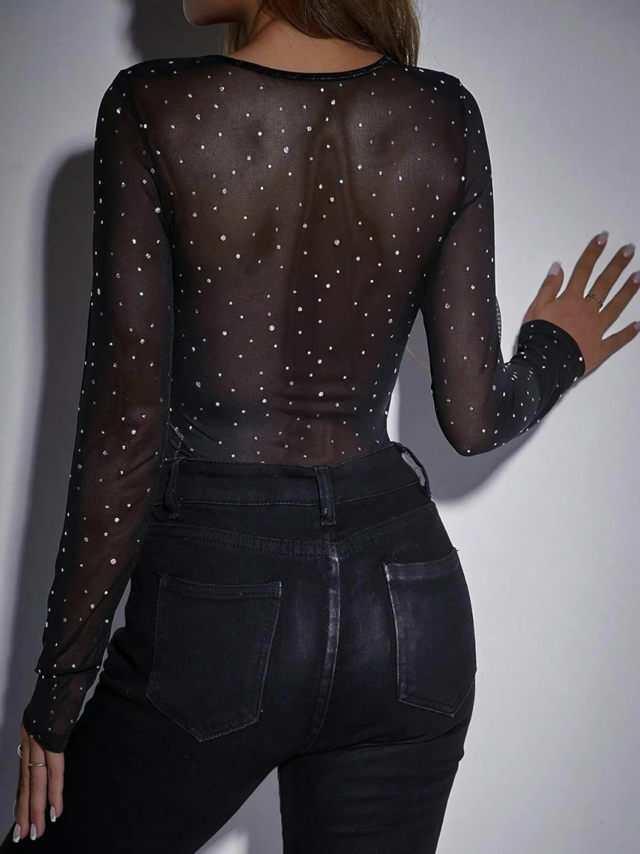 WDIRARA Women's Rhinestone Sweetheart Neck Long Sleeve Mesh Party Top Elegant Blouse Glamorous Bodysuit