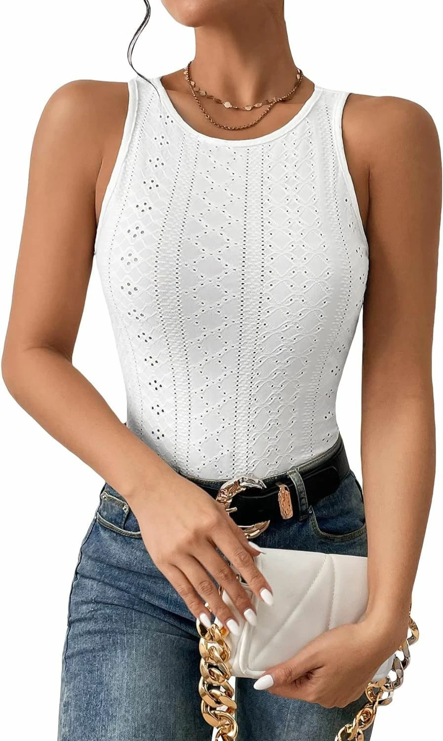 SOLY HUX Women's Casual Sleeveless Eyelet Embroidery Bodysuit Tank Top - Breathable Summer T-Shirt