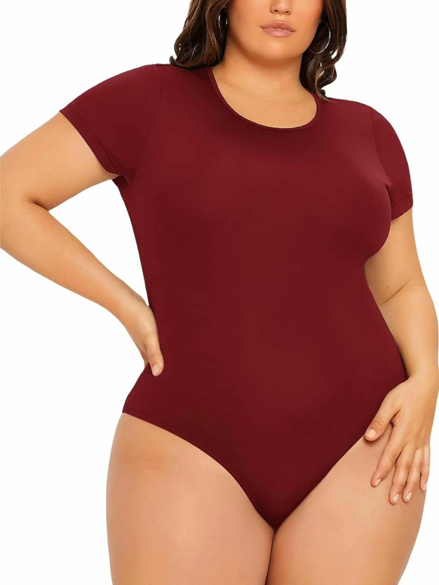 OYOANGLE Women's Plus Size Scoop Neck Short Sleeve Bodysuit - Comfortable Basic T-Shirt Style Bodysuit for Women