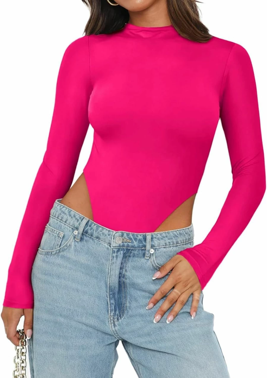 REORIA Women's Slimming Mock Turtleneck Bodysuit - Sexy High Cut Long Sleeve Double Lined Tops