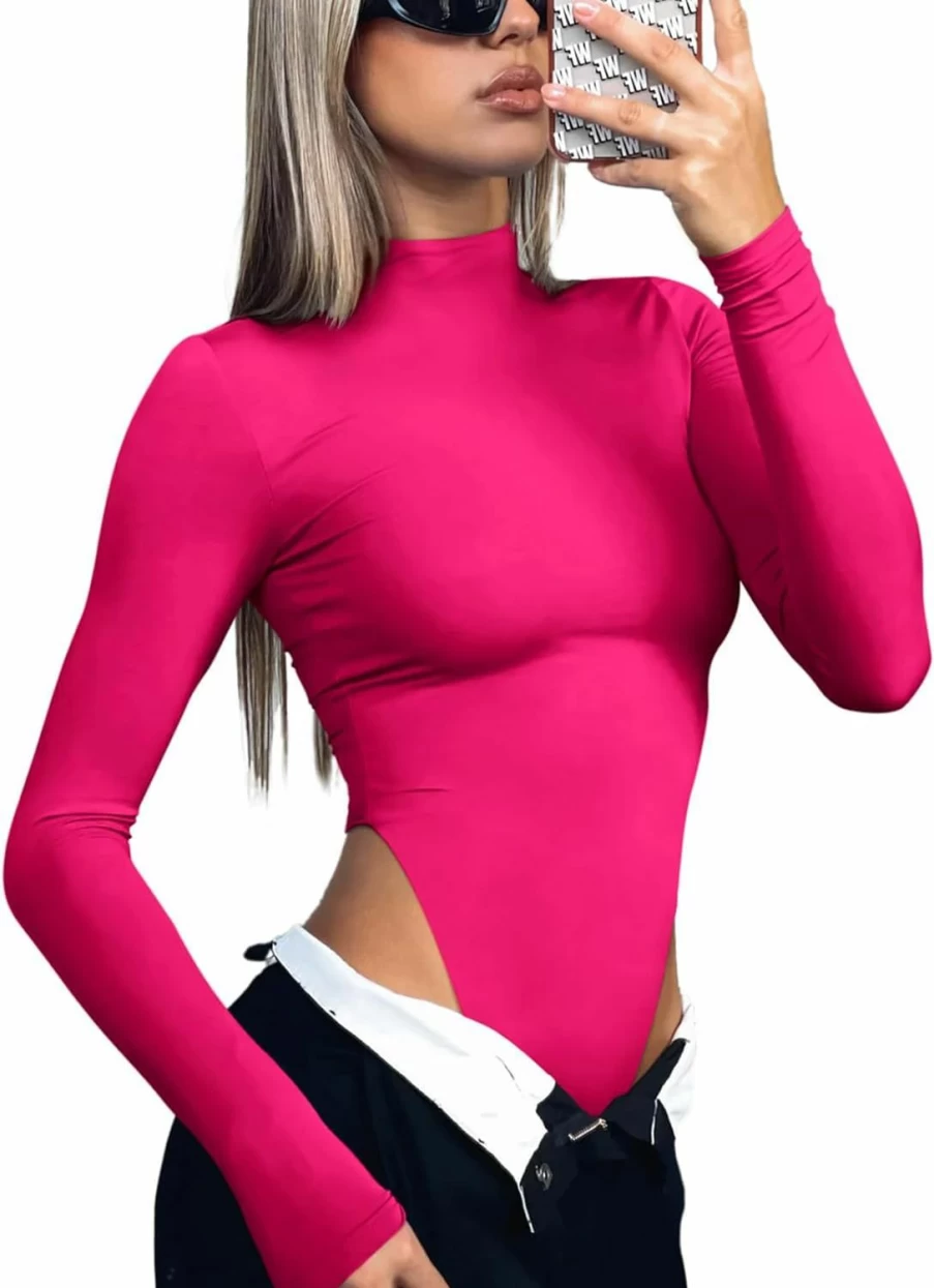 REORIA Women's Slimming Mock Turtleneck Bodysuit - Sexy High Cut Long Sleeve Double Lined Tops