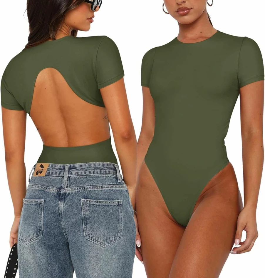 REORIA Women's Sexy Backless Bodysuit - Double Lined Crew Neck Short Sleeve Tops for Going Out