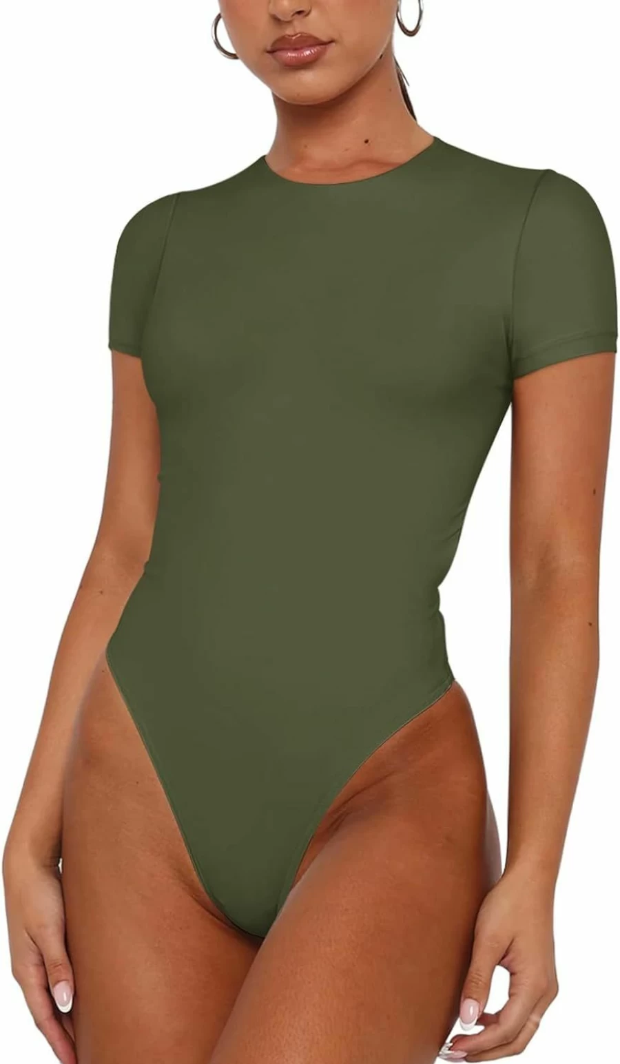 REORIA Women's Sexy Backless Bodysuit - Double Lined Crew Neck Short Sleeve Tops for Going Out
