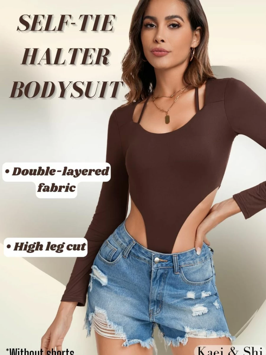Kaei&Shi Women's Sexy Long Sleeve High Cut Bodysuit - Double Lined Low Cut Lingerie Top