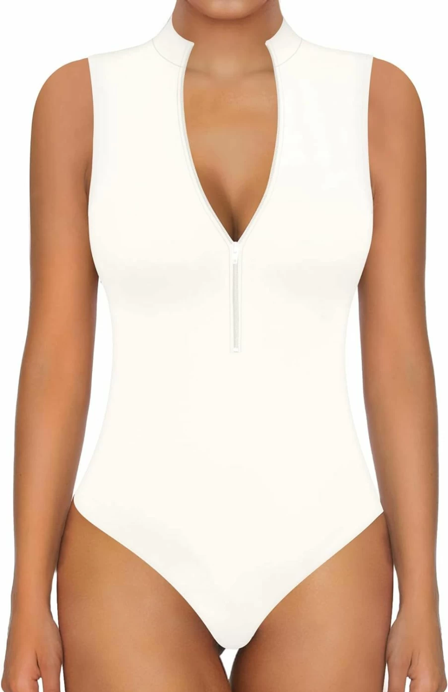 MANGOPOP Women's Ribbed Deep V-Neck Sleeveless Bodysuit - Mock Turtle Neck Zip-Up Tank Top Bodysuit for Women