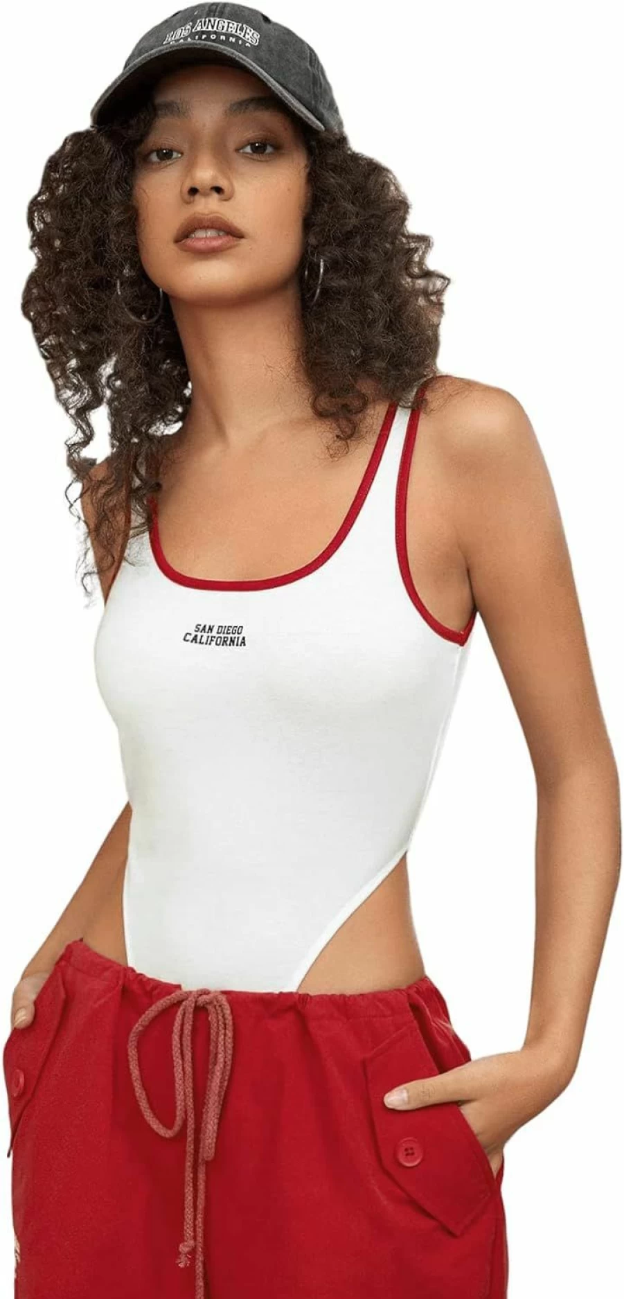 SweatyRocks Women's Backless Scoop Neck Bodysuit - Casual Sleeveless High Cut Leotard with Letter Print