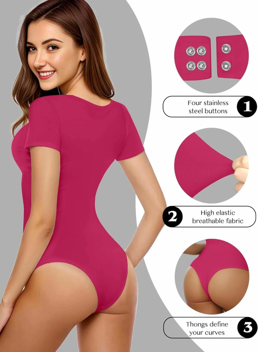 YOGINGO Women's Sexy V-Neck Thong Bodysuit - Short Sleeve Basic Tops for Going Out & Casual Wear