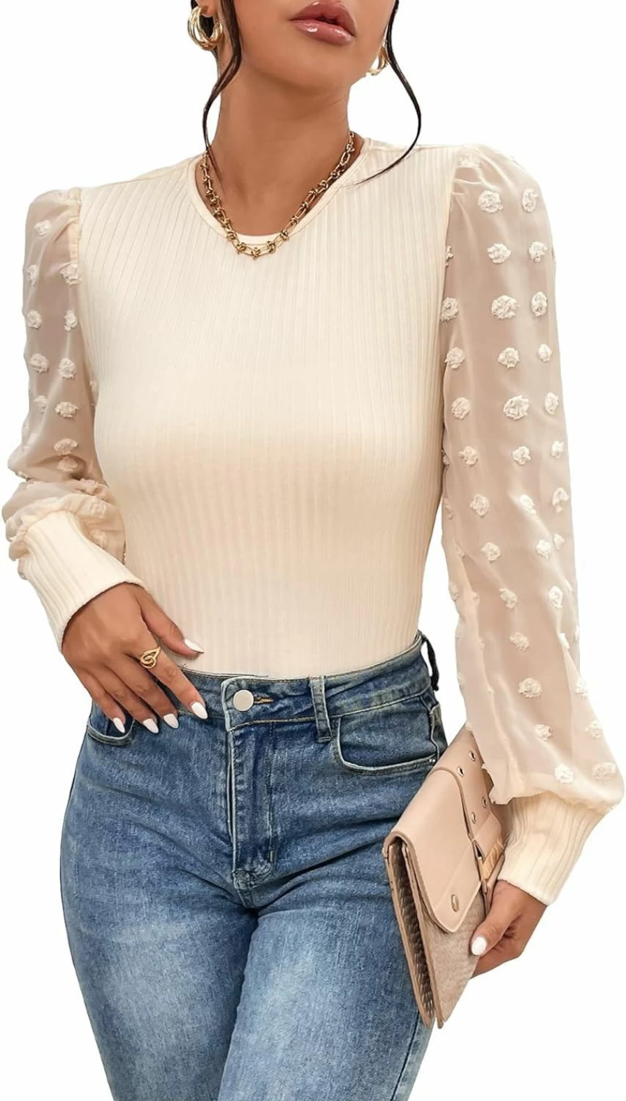OYOANGLE Women's Elegant Rib Knit Mesh Bodysuit Top with Swiss Dots and Puff Sleeves