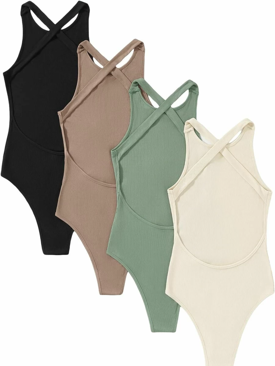 SHENHE Women's Criss Cross Backless Sleeveless Ribbed Bodysuit - 4 Piece Tank Top Set