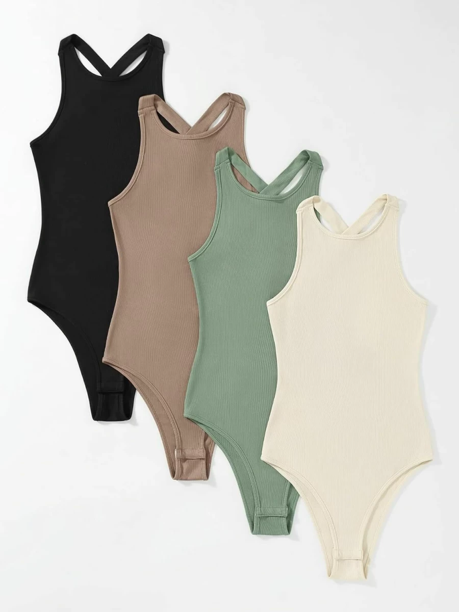 SHENHE Women's Criss Cross Backless Sleeveless Ribbed Bodysuit - 4 Piece Tank Top Set