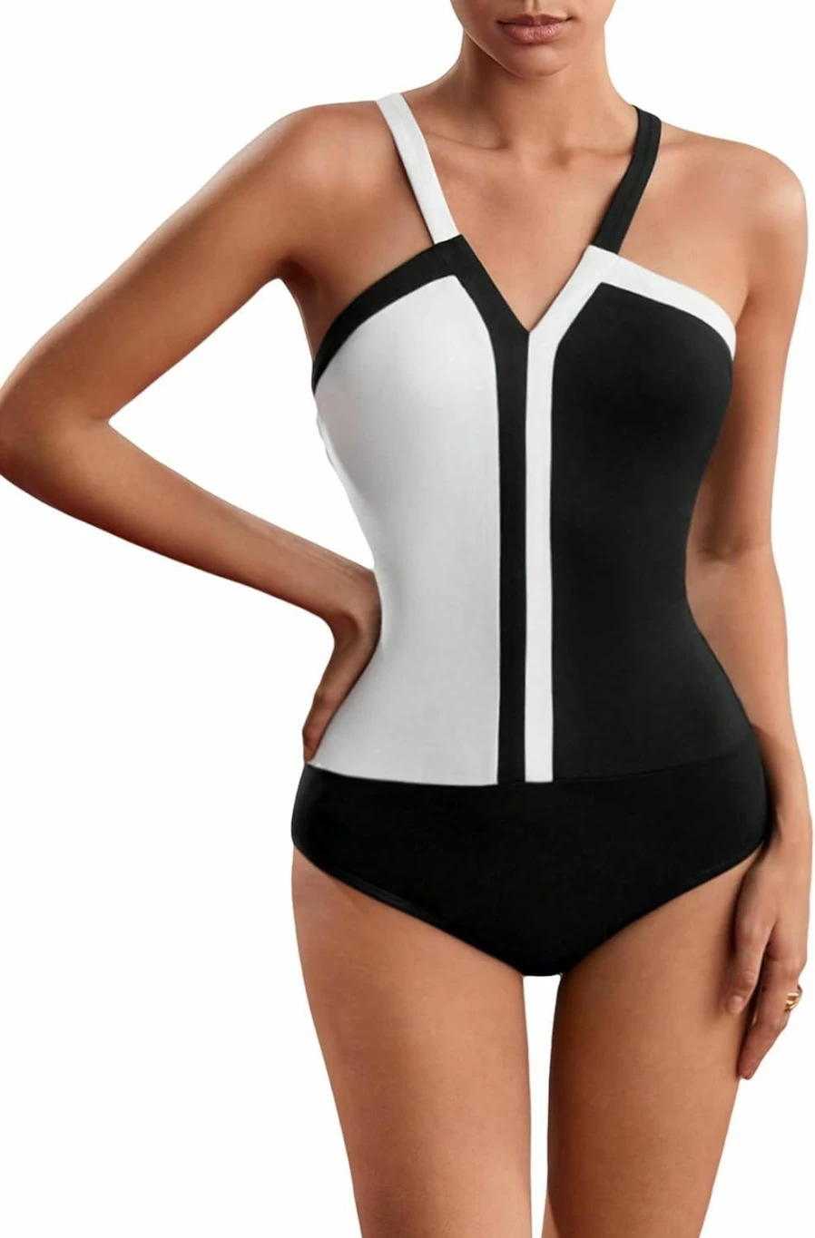 SweatyRocks Women's Criss Cross Backless V-Neck Slim Fit Bodysuit Jumpsuit - Color Block Sleeveless Camisole Top