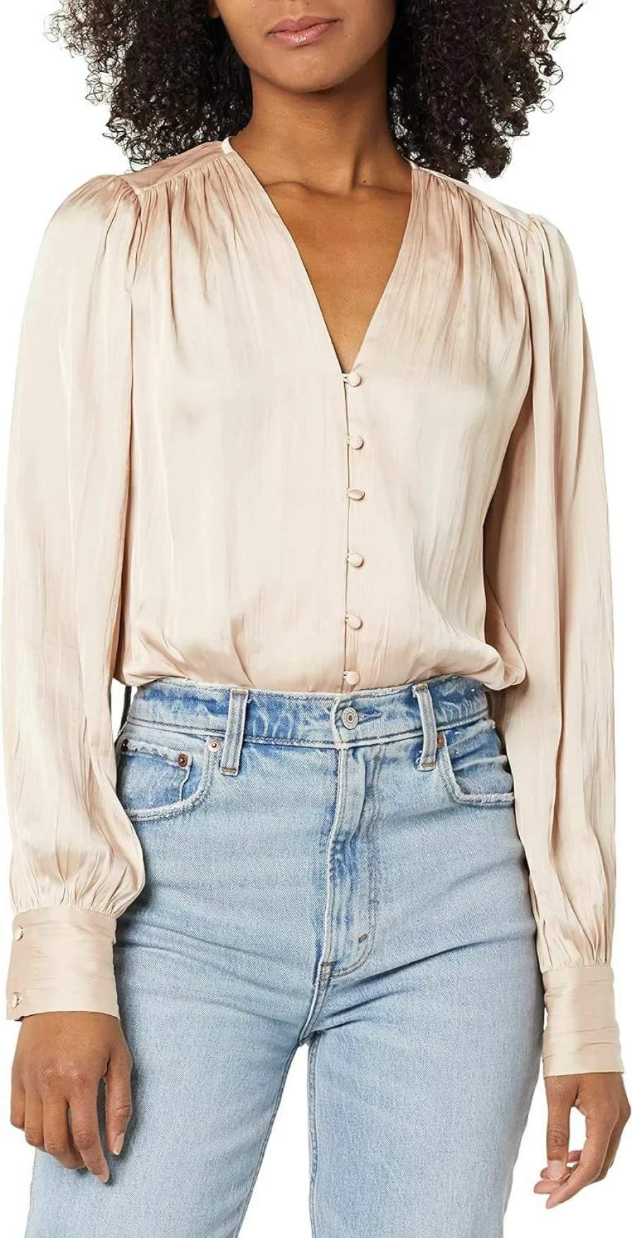 BCBGMAXAZRIA Women's Plunging V-Neck Long Sleeve Relaxed Fit Bodysuit