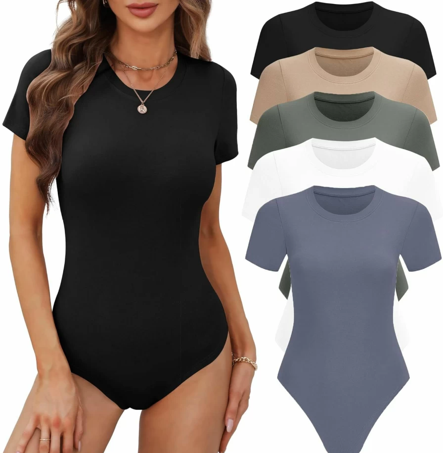 BALENNZ Women's Basic Casual Short Sleeve Round Neck Bodysuit T-Shirt - 4/5 Pack Crewneck Stretch Fitted Tops