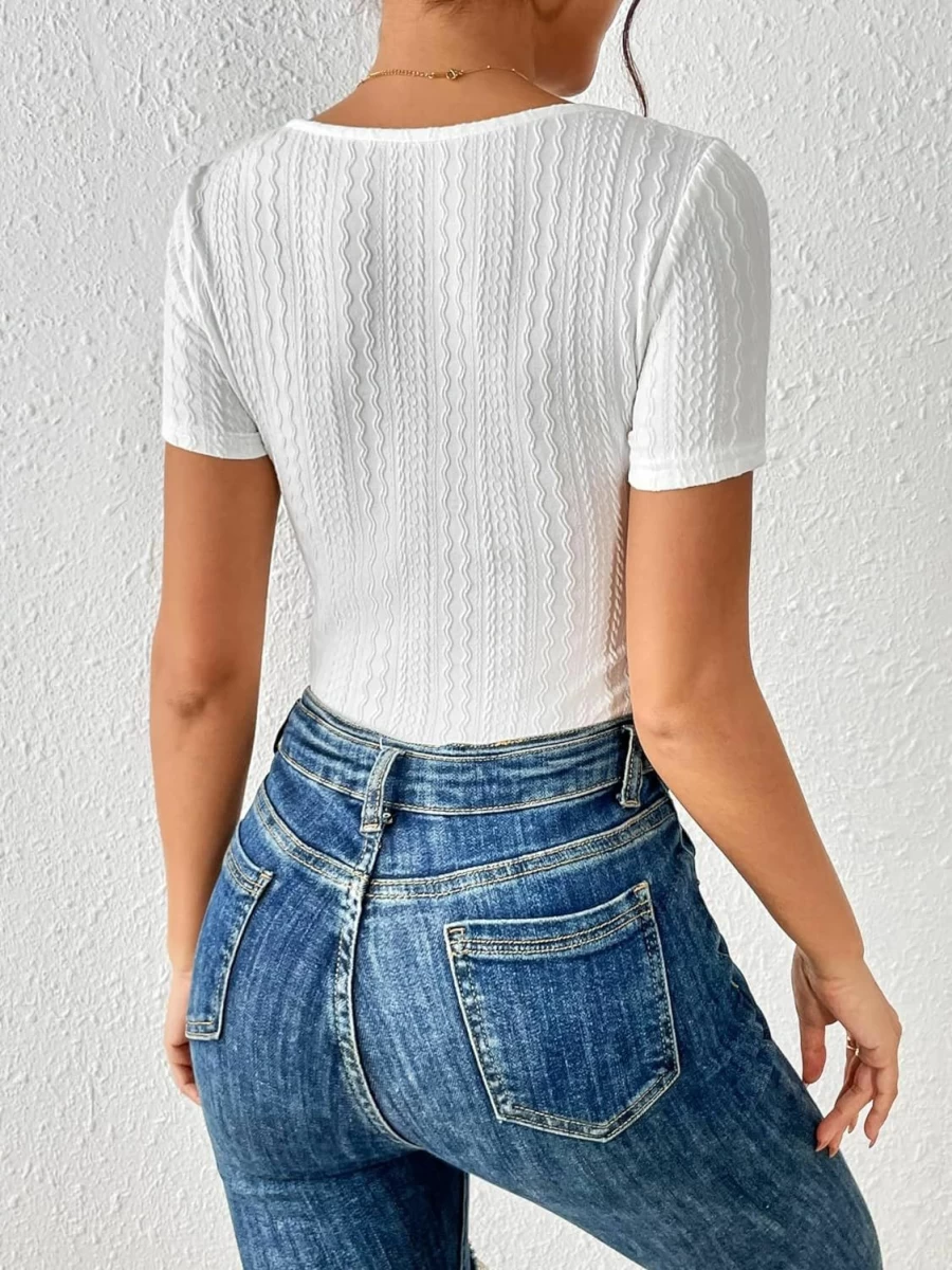 MakeMeChic Women's Square Neck Knitted Bodysuit Top - Casual Short Sleeve Shirt for Women