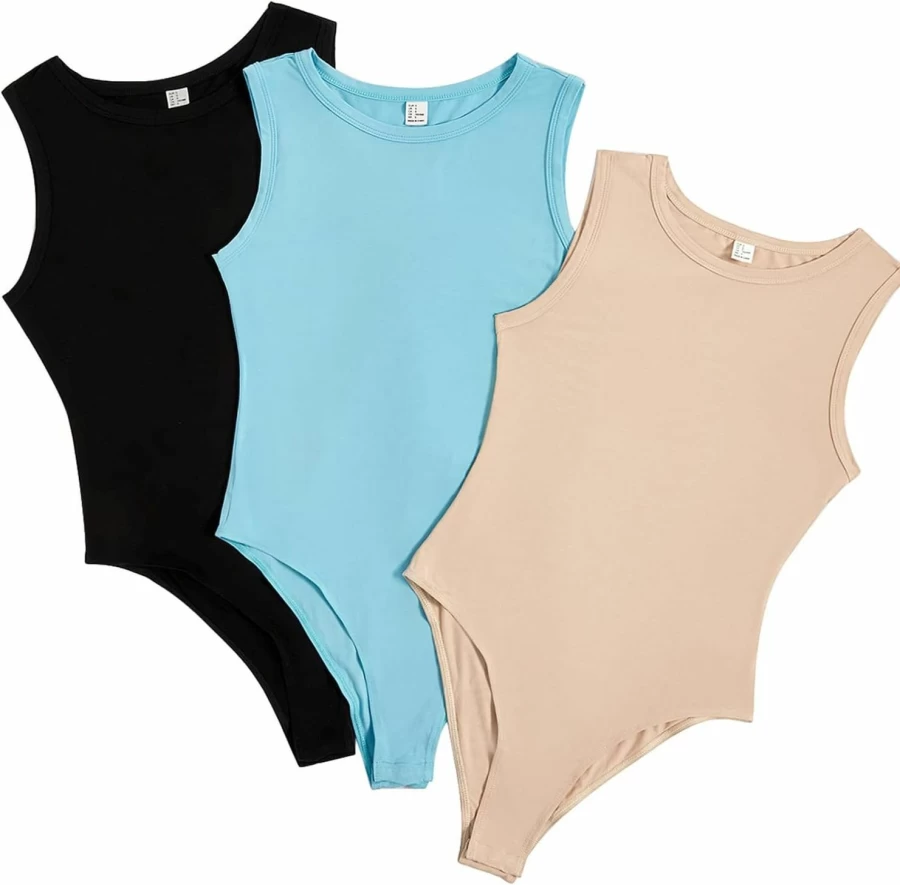Milumia Women's 3 Pack Sleeveless Bodysuit - Soft Stretch Tank Tops, Round Neck Fitted Camisole Set for Layering