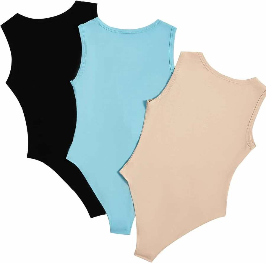 Milumia Women's 3 Pack Sleeveless Bodysuit - Soft Stretch Tank Tops, Round Neck Fitted Camisole Set for Layering