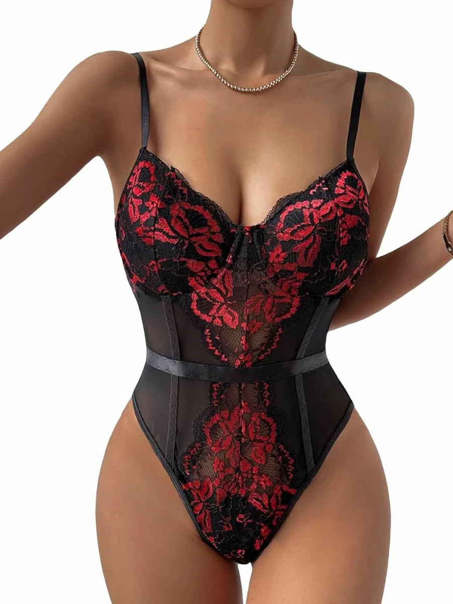 SHENHE Women's Lace Bustier Bodysuit - Sheer Spaghetti Strap Camisole with Front Lace Up Detail