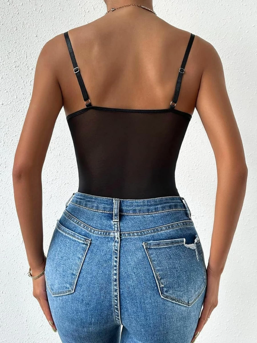 SHENHE Women's Lace Bustier Bodysuit - Sheer Spaghetti Strap Camisole with Front Lace Up Detail