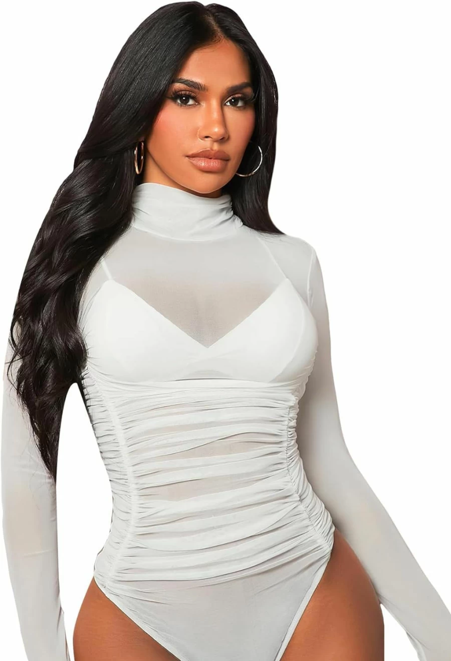 OYOANGLE Women's Slim Fit Long Sleeve Mock Neck Ruched Mesh Bodysuit - Solid Plain Sheer One Piece