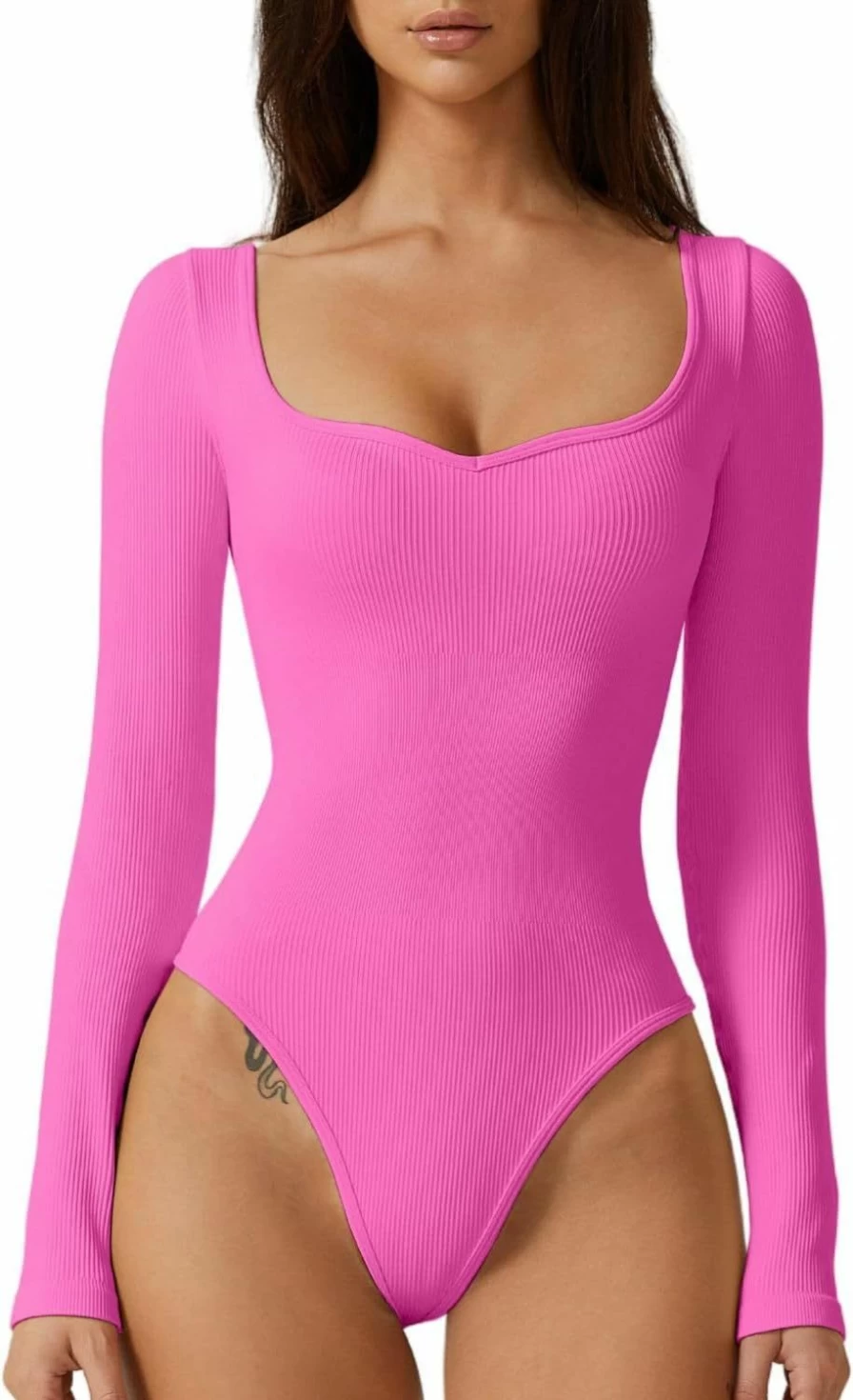Meyeeka Women's Long Sleeve Sweetheart Neck Bodysuit - Seamless Stretch Basic Top for Comfort & Style