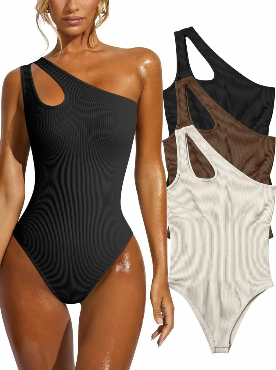 OQQ Women's Sexy Ribbed Bodysuit - One Shoulder Sleeveless Tank Top for Workout & Exercise