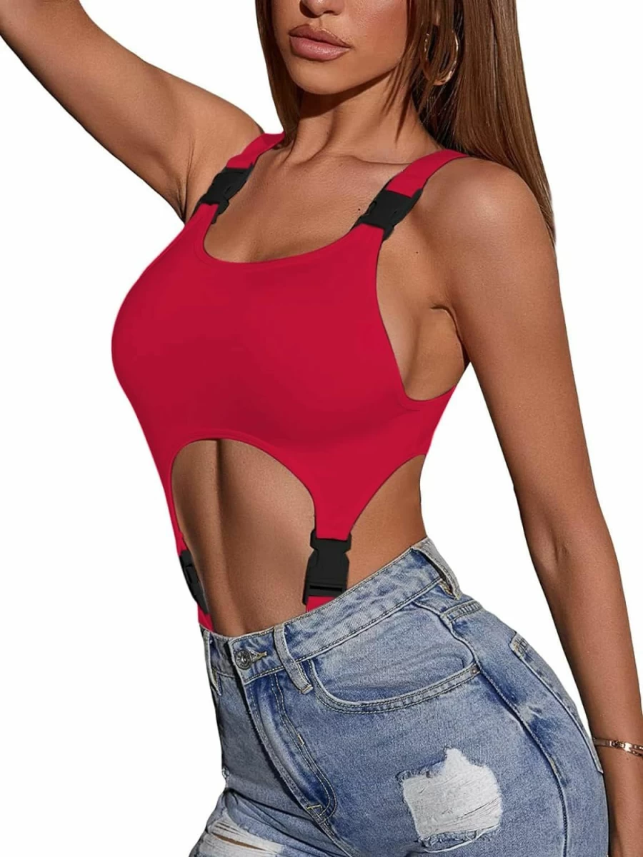 LilyCoco Women's Sexy Sleeveless Bodysuit - High Cut Buckle Detail Clubwear Tank Top