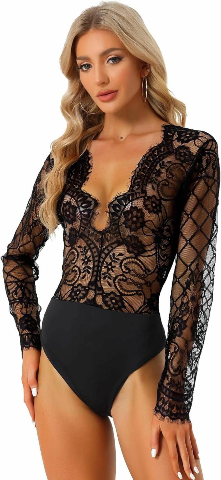 Allegra K Women's Lace Mesh Bodysuit - Long Sleeve V-Neck See Through Jumpsuit Romper Clubwear Tops