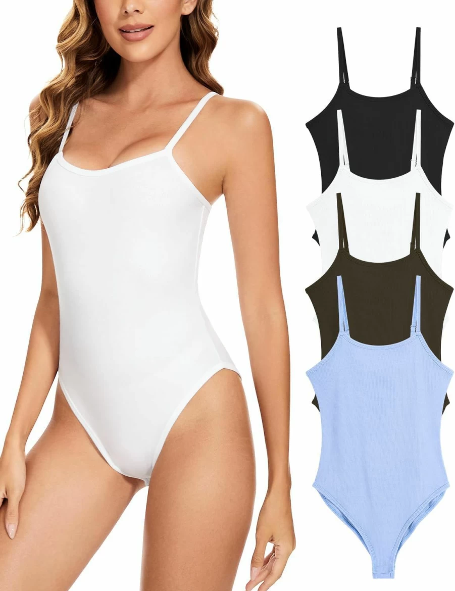 Orrstarry Women's Sexy Ribbed Bodysuit 4 Pack - Sleeveless Thong with Adjustable Spaghetti Straps for Slimming Fit