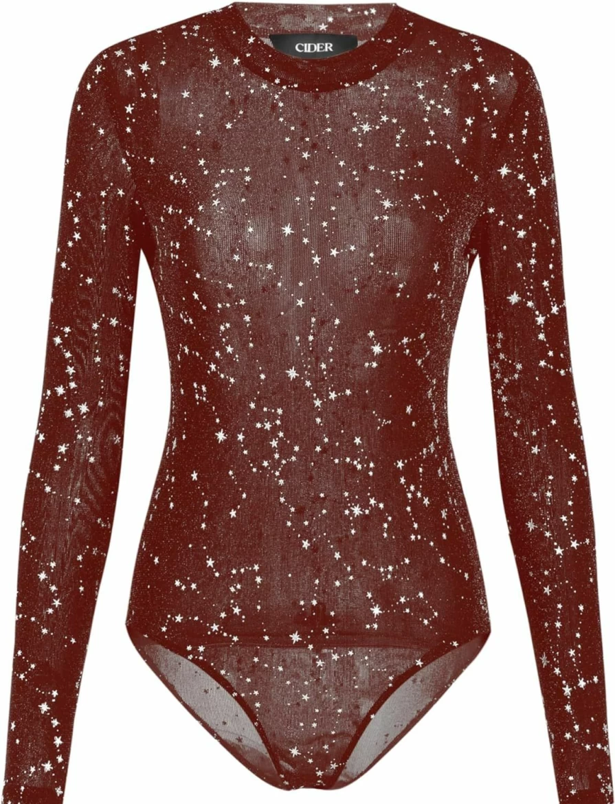 "CIDER Women's Long Sleeve Black Bodysuit - Elegant Party & Evening Wear Star Outfit"