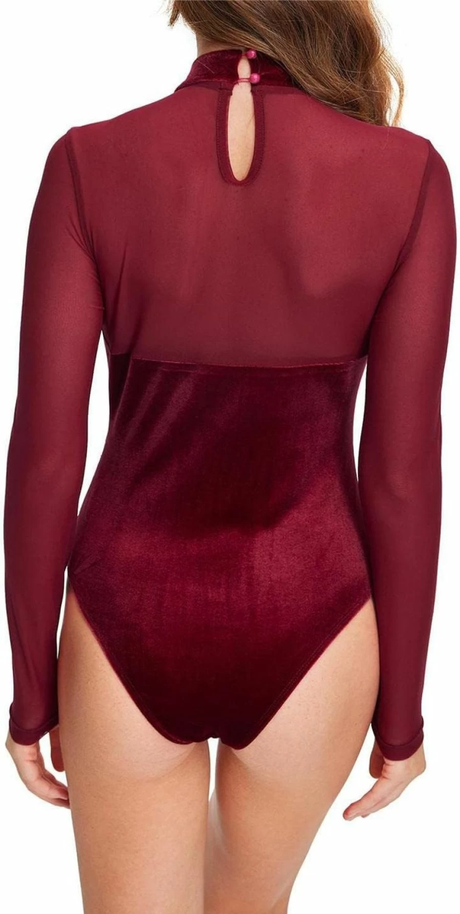 GORGLITTER Women's Sheer Mesh Mock Neck Long Sleeve Bodysuit T-Shirt