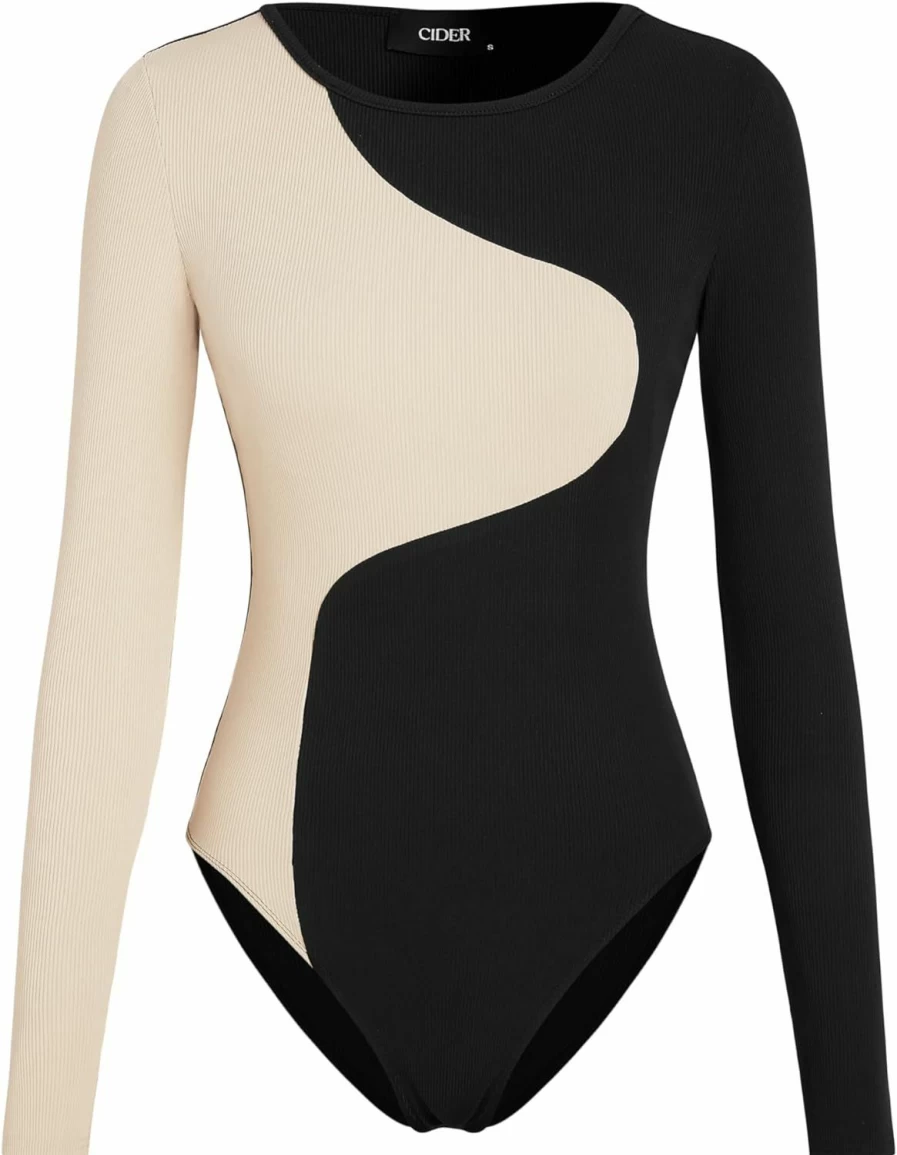 "CIDER Women's Black Ribbed Long Sleeve Bodysuit with Round Neck Contrast Detail"