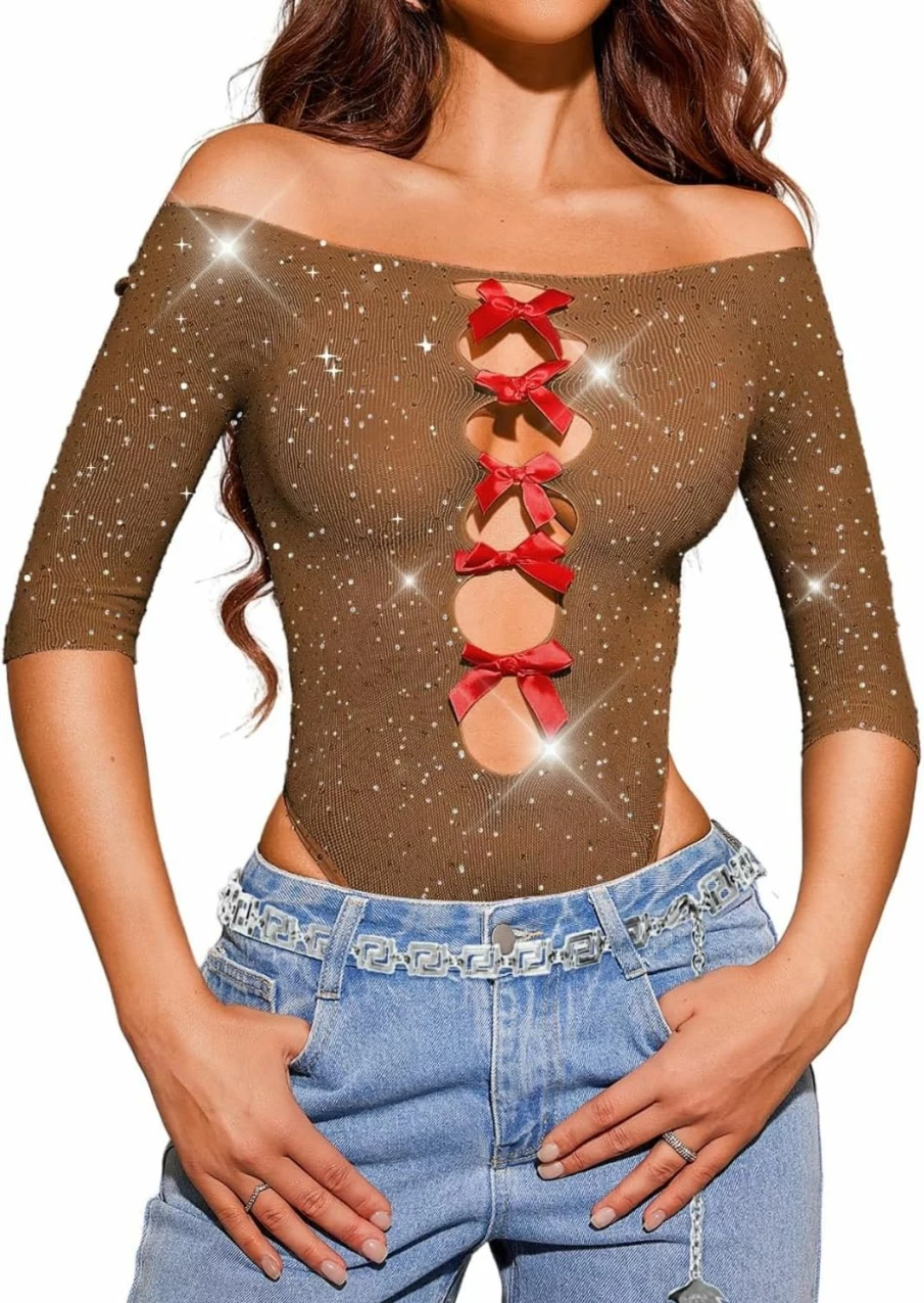 ChiaoLezhee Rhinestone Bodysuit Top for Rave & Club Wear - Sizes 0-18 | Sparkling Party Outfit for Women