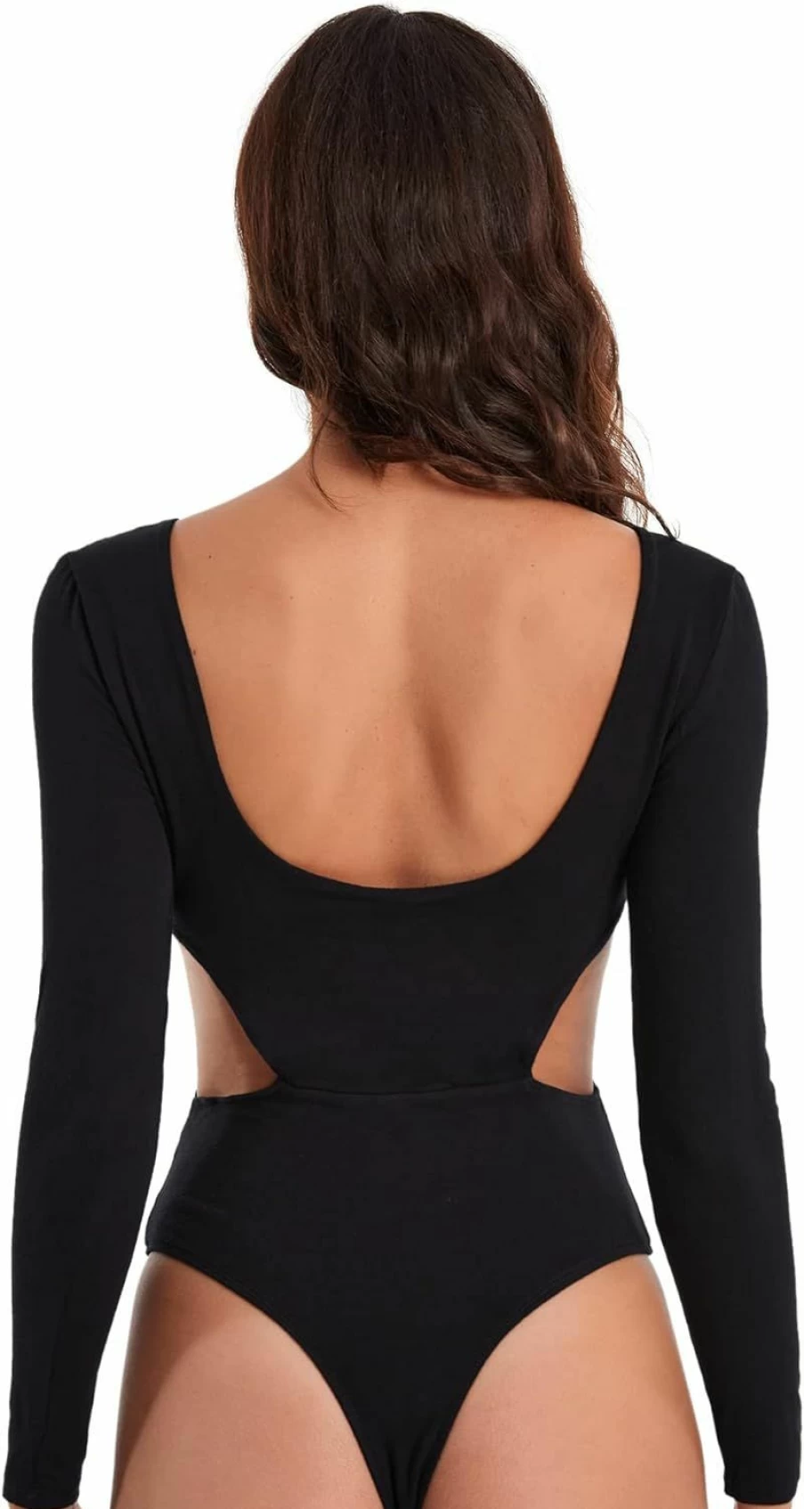 OYOANGLE Women's Black Deep V Neck Backless Long Sleeve Bodysuit - Slim Fit Jumpsuit Top