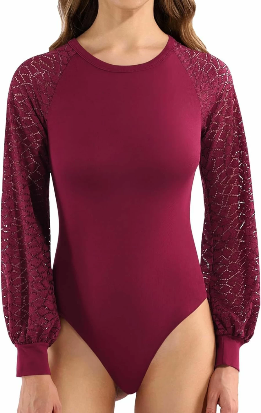 MANGOPOP Women's Sexy Hollow Out Lace Puff Sleeve Crew Neck Bodysuit Tops