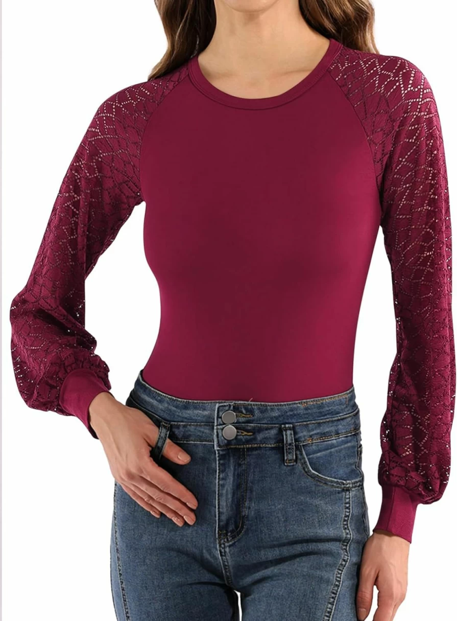 MANGOPOP Women's Sexy Hollow Out Lace Puff Sleeve Crew Neck Bodysuit Tops
