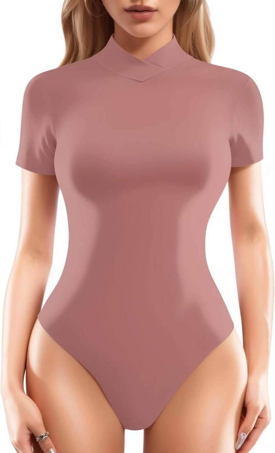 MANGOPOP Women's Mock Turtleneck Short Sleeve Bodysuit - Basic Stretchable Comfort Fit Casual Bodysuit Top