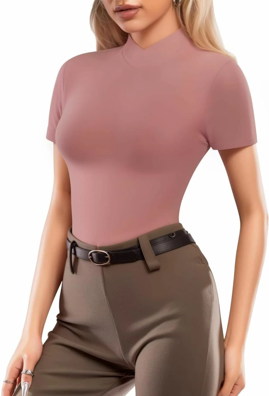 MANGOPOP Women's Mock Turtleneck Short Sleeve Bodysuit - Basic Stretchable Comfort Fit Casual Bodysuit Top