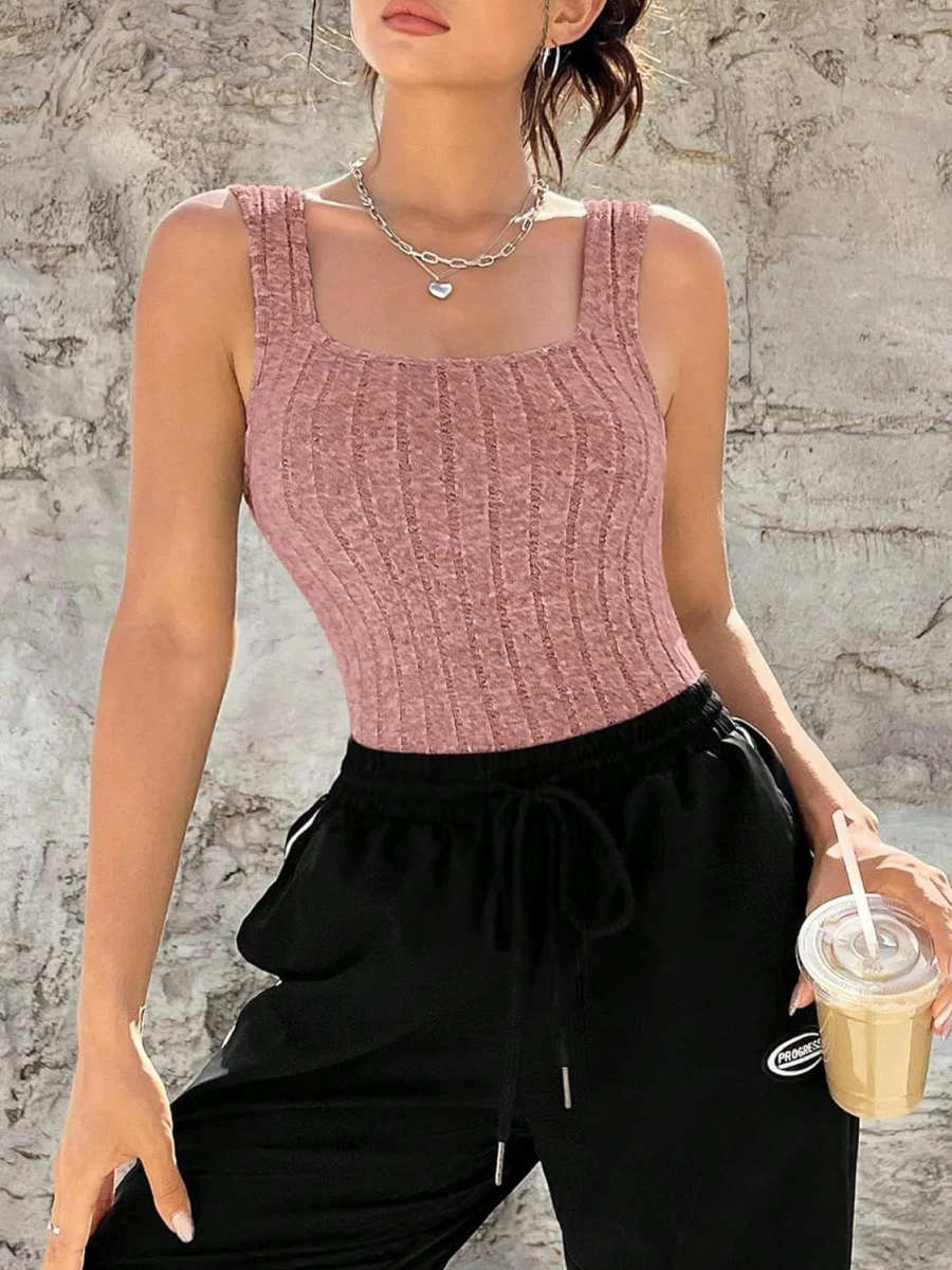 BEAUDRM Women's Ribbed Knit Tank Top - Slim Fit Square Neck Sleeveless Bodysuit for Casual Wear