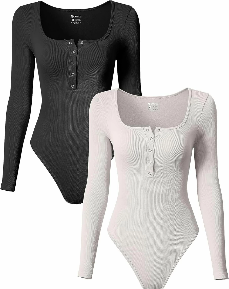 OQQ Women's Sexy Ribbed Long Sleeve Bodysuit - 2 Piece Square Neck Button-Up One Piece Outfit