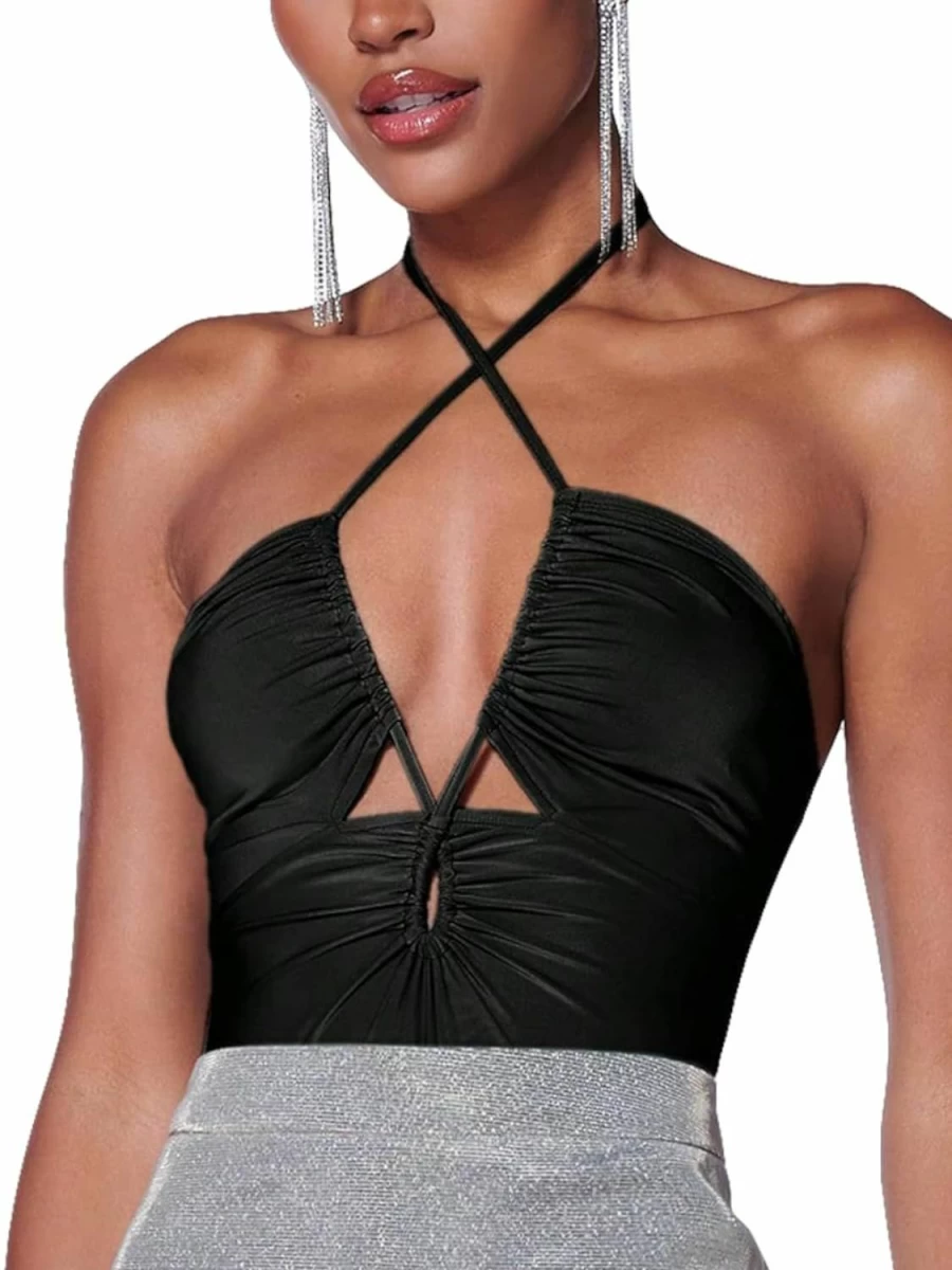 MakeMeChic Women's Ruched Criss Cross Halter Neck Tie Back Cut Out Bodysuit Top - Sleeveless Summer Sexy T-Shirt