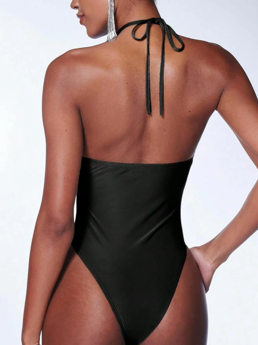 MakeMeChic Women's Ruched Criss Cross Halter Neck Tie Back Cut Out Bodysuit Top - Sleeveless Summer Sexy T-Shirt