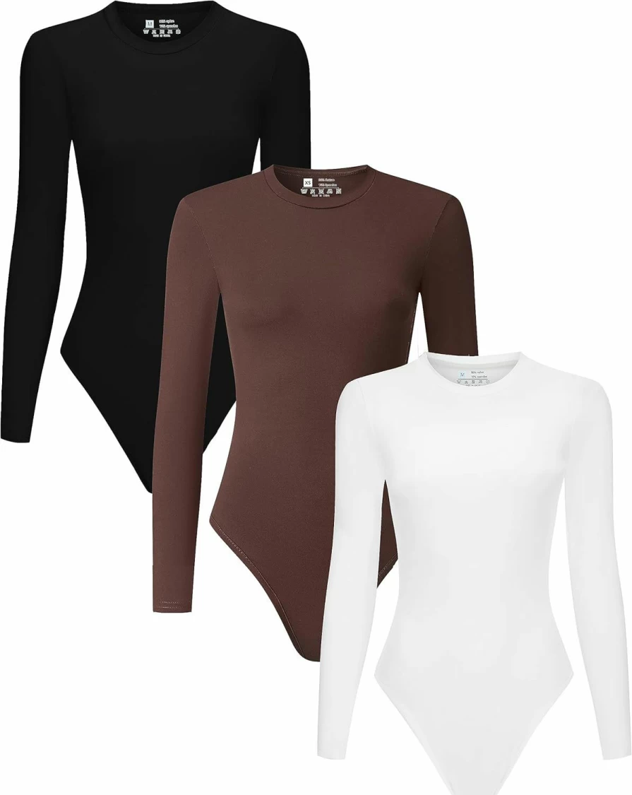 Chongbaijia Women's 3-Pack Crew Neck Long Sleeve Bodysuit T-Shirts - Stretchy Comfort Fit Basic Tops